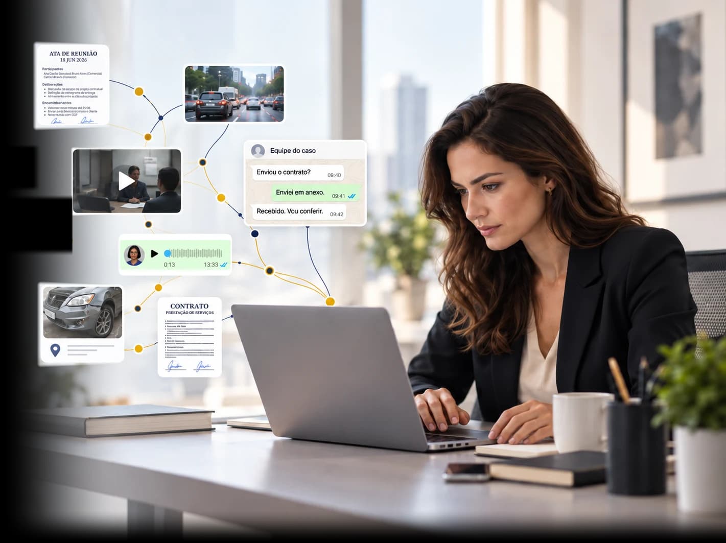 Advogada no computador com o acervo do caso ligado por linhas: ata de reunião, vídeo, foto do local, conversa de WhatsApp, áudio transcrito e contrato assinado.
